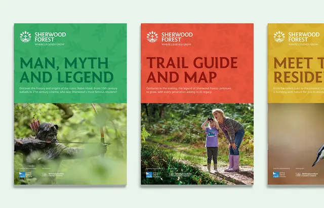 Sherwood Forest interpretation posters, photographic, corporate-clean, vibrant