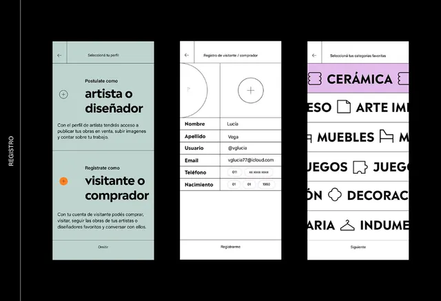 Three-card registration flow with color blocking, minimal, flat, vibrant