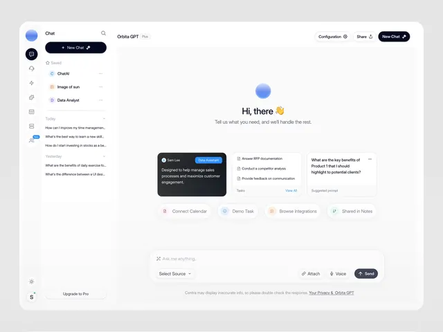 AI chat interface with sidebar navigation, minimal, corporate-clean, light
