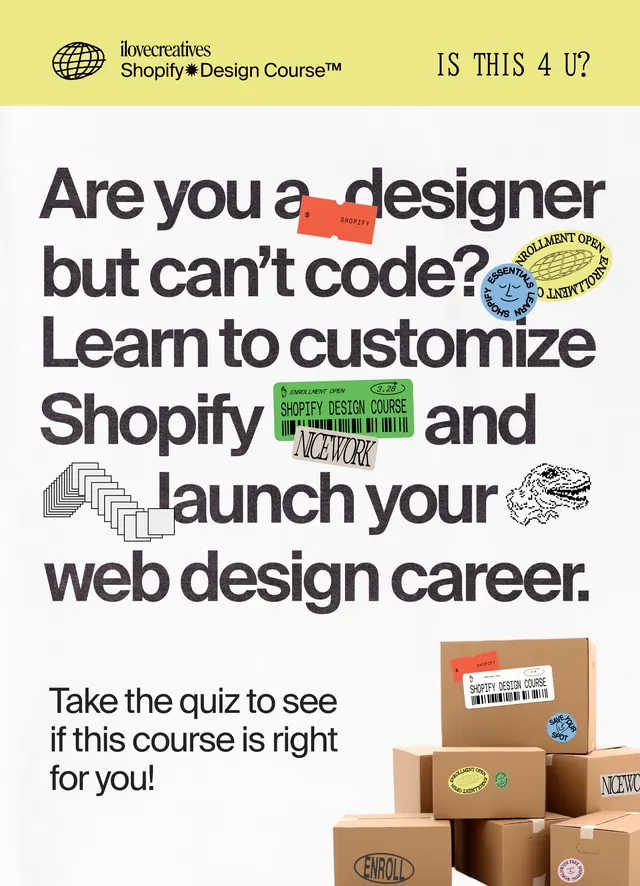 Shopify design course landing page, minimal, editorial, light