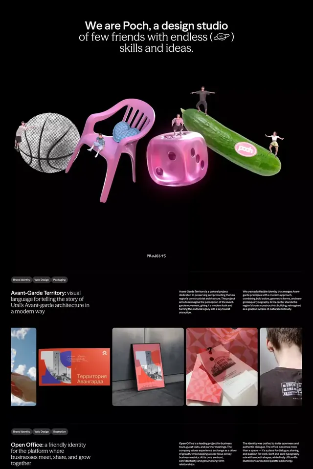 Poch design studio portfolio page, minimal, 3d-render, dark