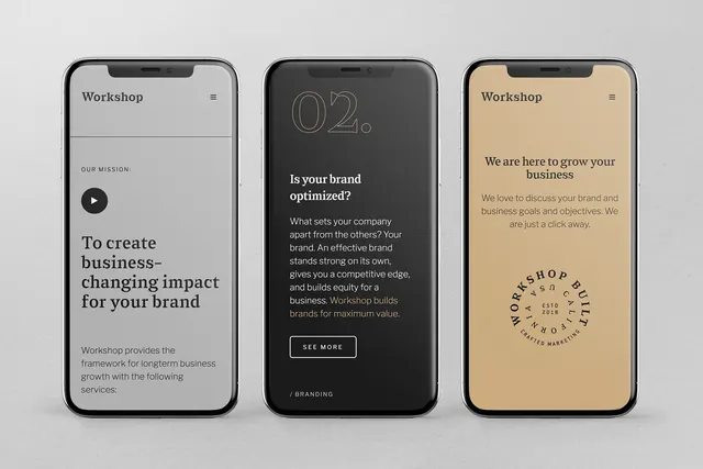 Workshop branding mobile screens, minimal, light