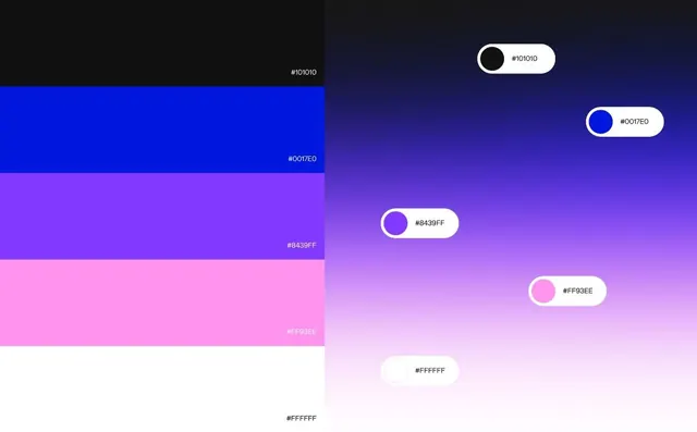 Color palette reference visualization with hex codes, gradient-heavy, minimal, vibrant