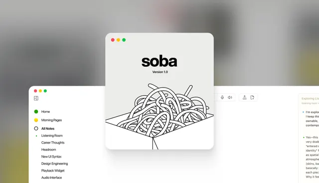 Soba app UI with organic line-art illustration, minimal, organic, light