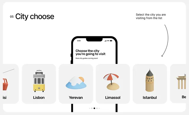 City selection mobile flow with icon cards, minimal, flat, light