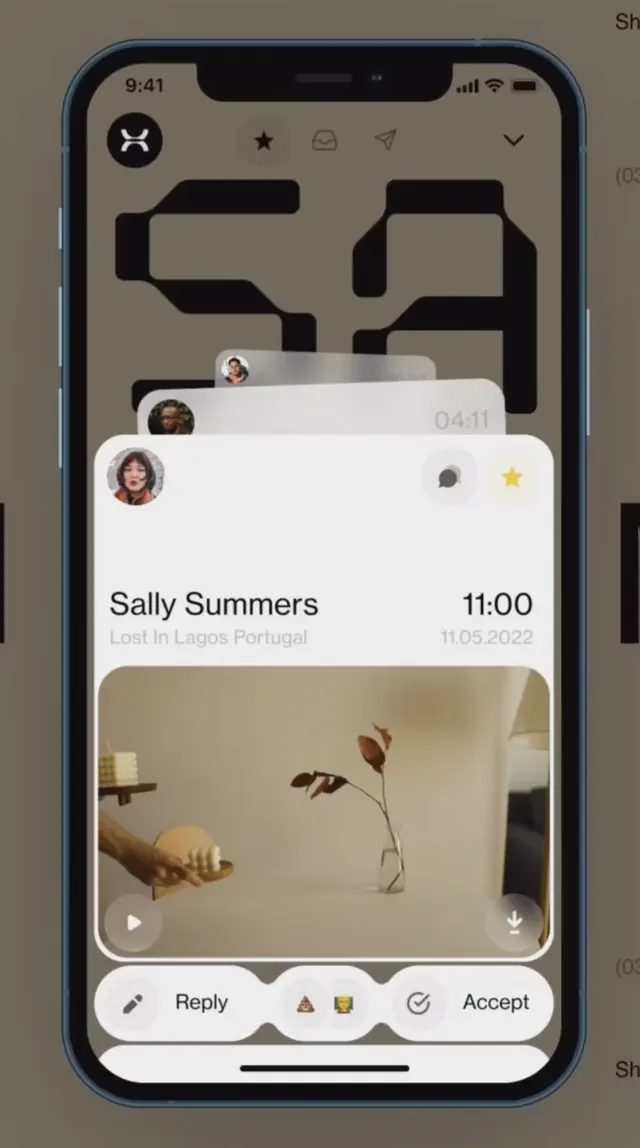 Dark-mode mobile profile card with photo and action buttons, minimal, dark-mode, dark