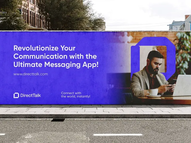 DirectTalk messaging app billboard, corporate-clean, gradient-heavy, vibrant