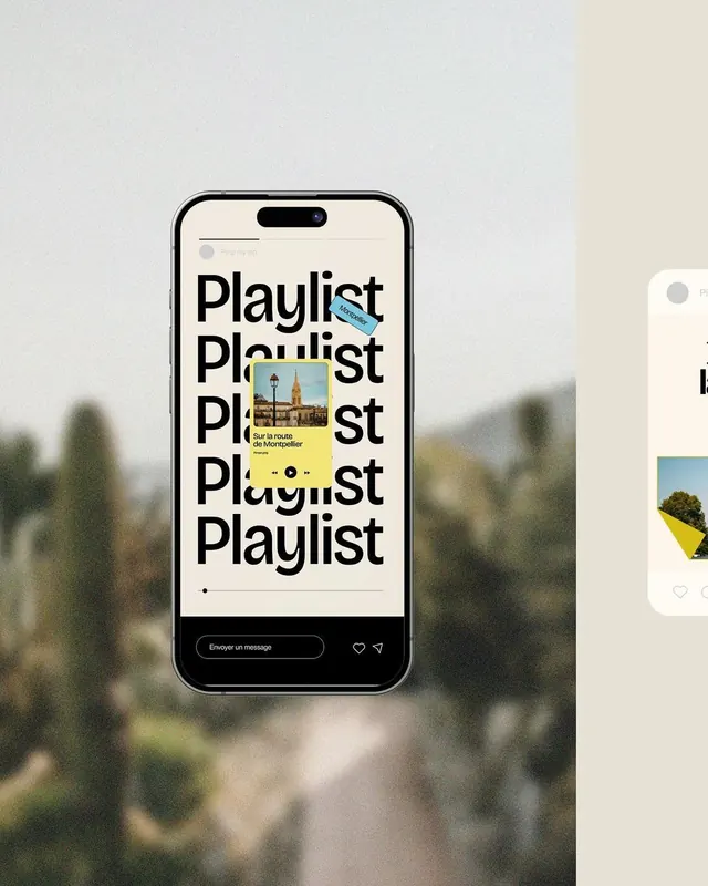 Playlist app with overlaid travel-music cards, minimal, light-mode, light