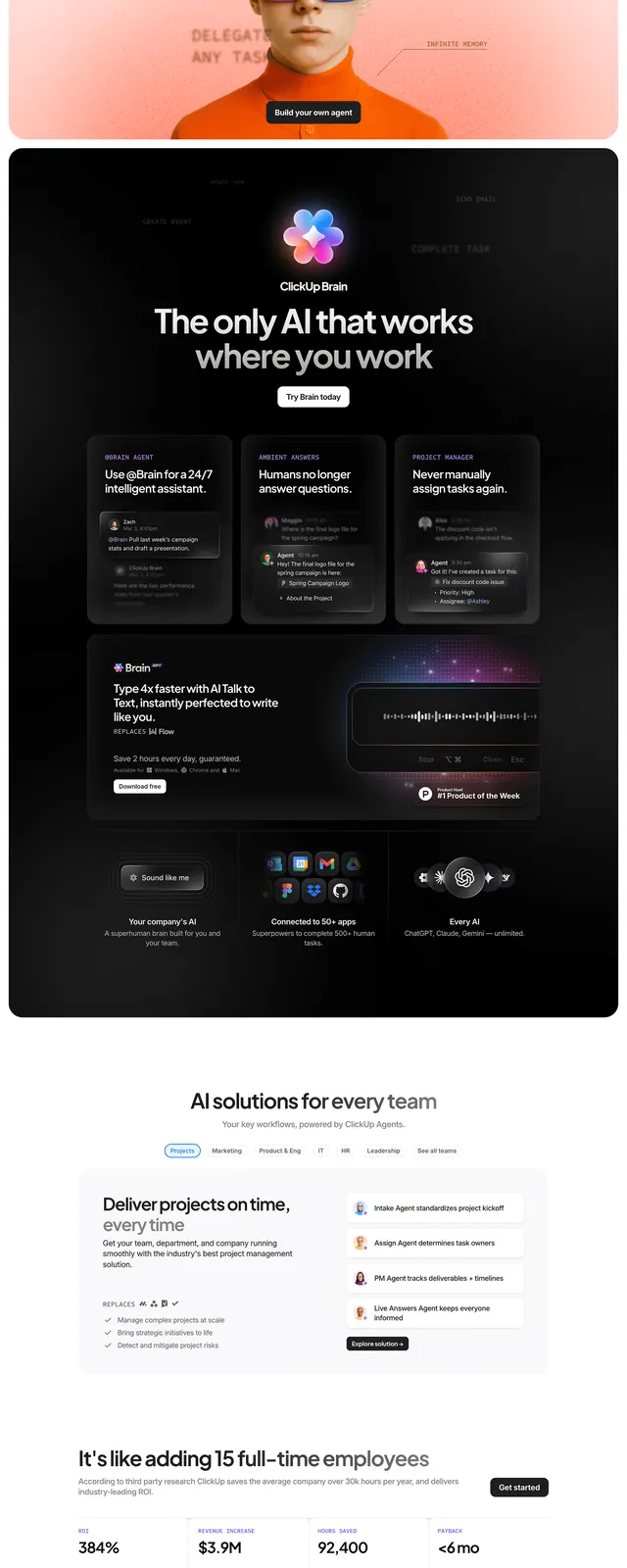 AI productivity SaaS full-page scroll with multi-section layout and dark feature strip, minimal, corporate-clean, light