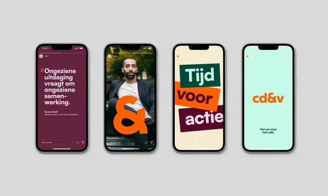 Four mobile screens with bold color blocking and Dutch language type, minimal, corporate-clean, dark
