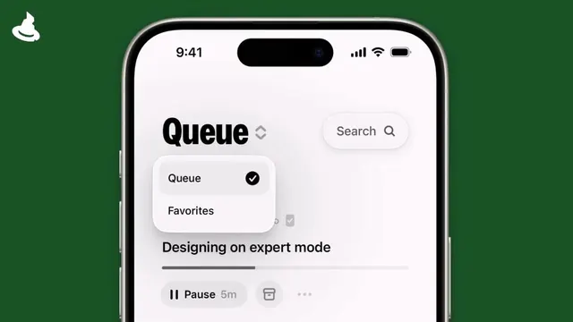Queue task app with dark-green accent frame, minimal, dark-mode, light