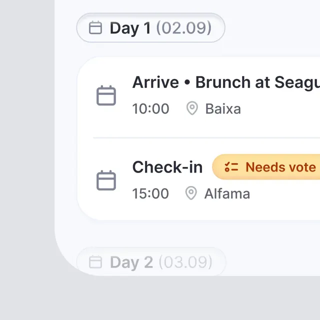 Event itinerary card with time and location, minimal, light-mode, light