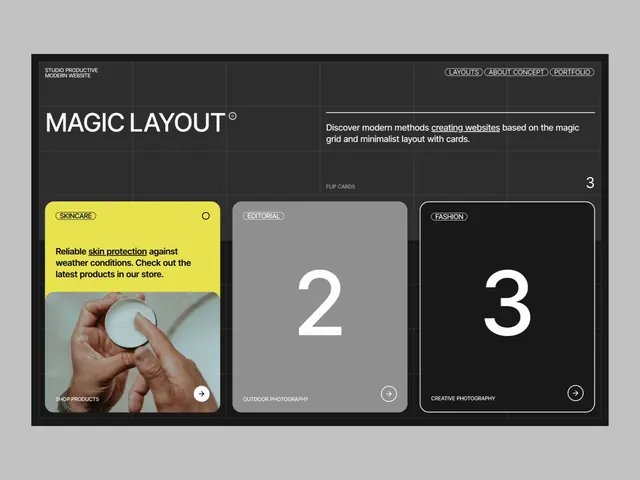 Dark portfolio grid with numbered layout, minimal, dark-mode, dark