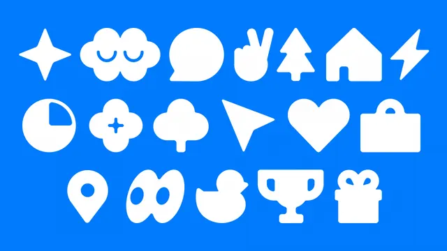 Bright blue icon grid with soft-edge shapes, minimal, flat, dark