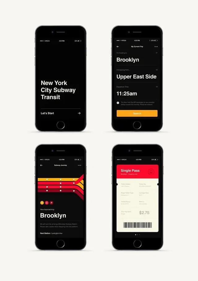 Transit ticketing screens with bold orange CTA and diagonal ribbons, minimal, dark-mode, dark
