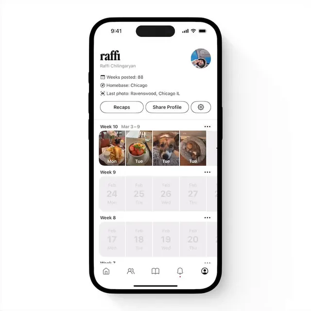 Raffi photo timeline app profile screen, minimal, light