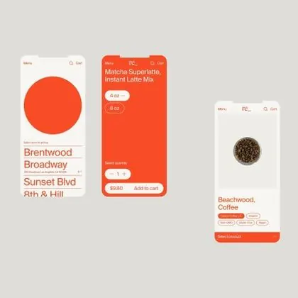 Coffee shop mobile cards with large imagery, playful, flat, vibrant