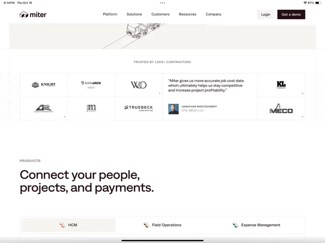 Miter contractor SaaS landing page, minimal, corporate-clean, light