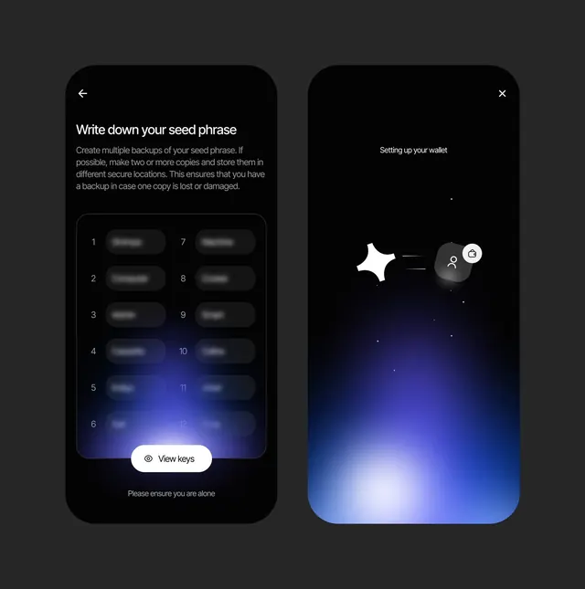 Dark wallet setup with gradient onboarding and security blur, dark-mode, minimal, dark