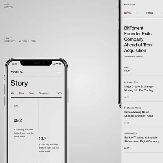 Crypto news feed with metrics and tabbed navigation, minimal, corporate-clean, light