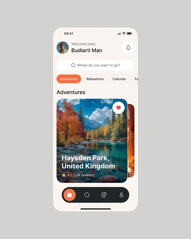 Travel app with personalized adventure recommendations, minimal, light-mode, light