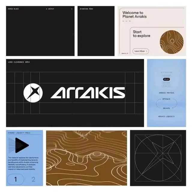 Arrakis brand system with dark UI and organic patterns, dark-mode, geometric, dark