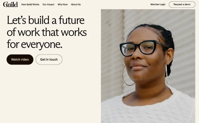 Guild workplace landing page with split layout, minimal, corporate-clean, light