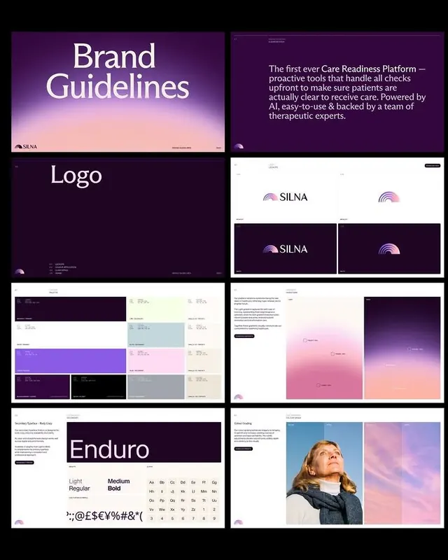 Healthcare brand identity system with gradient palette, minimal, corporate-clean, light