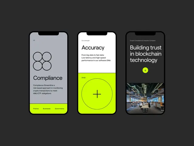 Crypto compliance app with neon lime accents, minimal, corporate-clean, dark