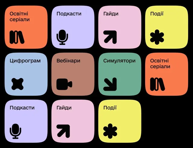 Pastel category grid with Cyrillic labels, minimal, playful, vibrant