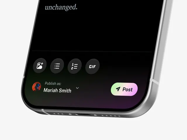 Dark mobile publishing interface with gradient accent, dark-mode, minimal, dark