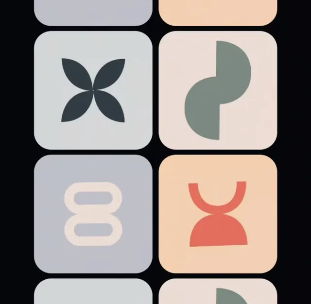 Icon grid with color-blocked backgrounds, minimal, flat, light