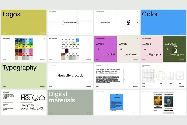 Design system reference with color palette and typography, editorial, minimal, light