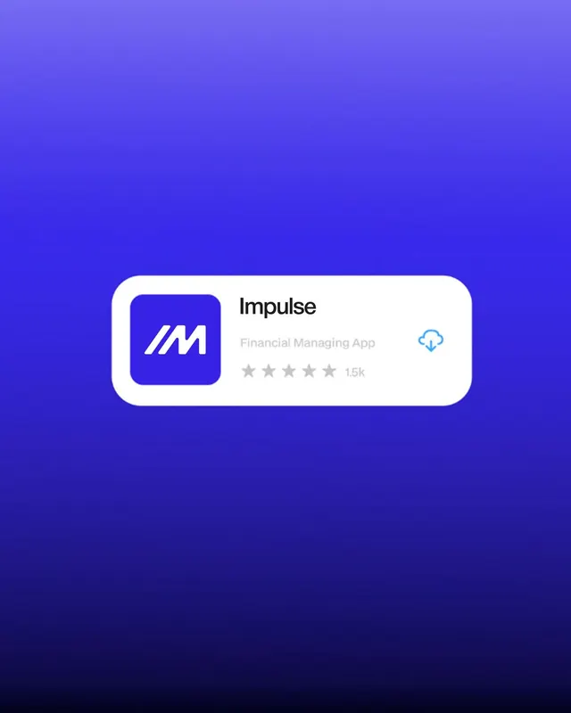 Impulse fintech app card with 5-star rating, minimal, flat, light