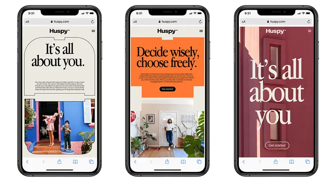 Three mobile screens with bold editorial typography, minimal, editorial, light