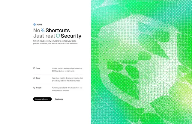 Security landing page with pixelated icon illustration, technical, minimal, cool
