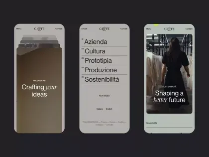 Three-panel mobile app navigation, minimal, corporate-clean, light
