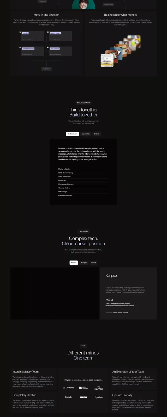 Dark SaaS marketplace landing page with section-based layout, dark-mode, minimal, dark