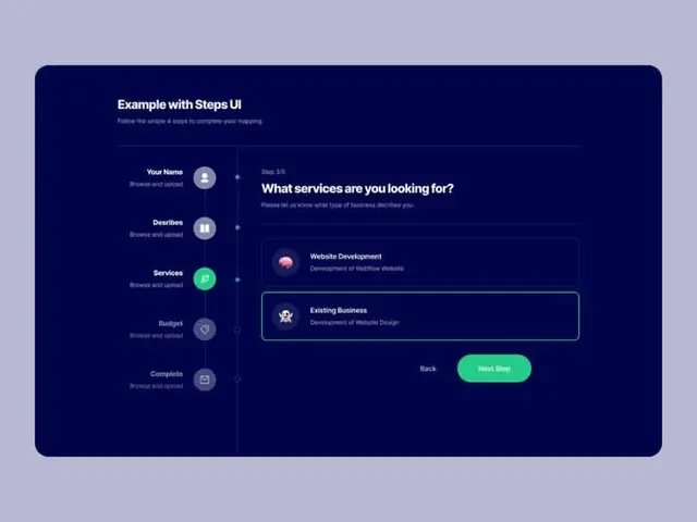 Multi-step form with avatar progress indicators, minimal, dark-mode, dark