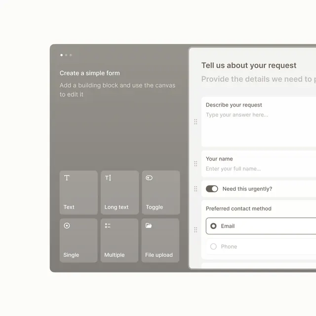 Form builder UI with component palette, minimal, corporate-clean, light
