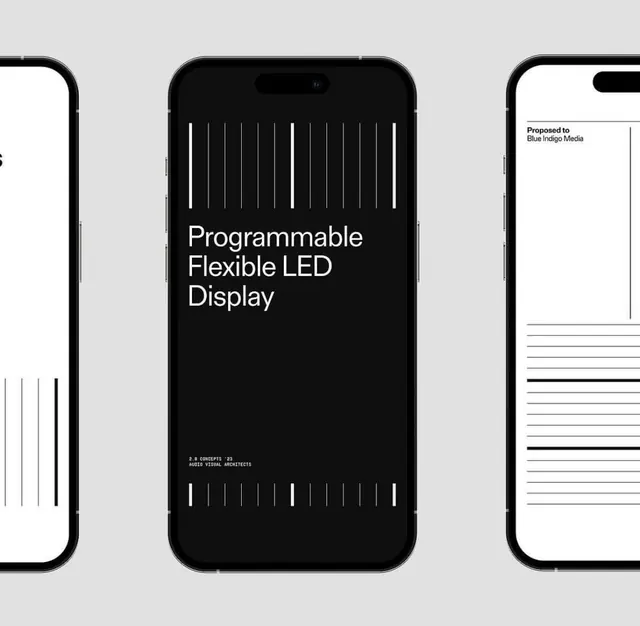Dark LED display product mockup, three phones, minimal, dark-mode, dark