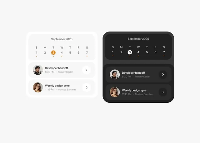 Calendar UI with light and dark theme variants, minimal, corporate-clean, monochrome