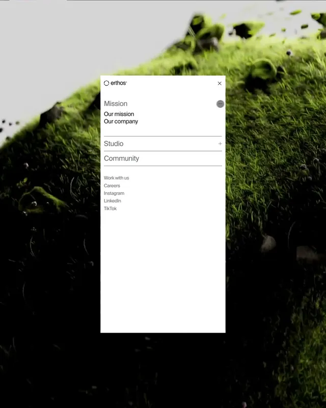 Erthos navigation menu overlay on green moss, minimal, light-mode, light
