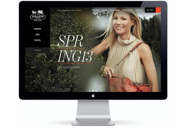Coach website hero on iMac with Gwyneth Paltrow, corporate-clean, photographic, light