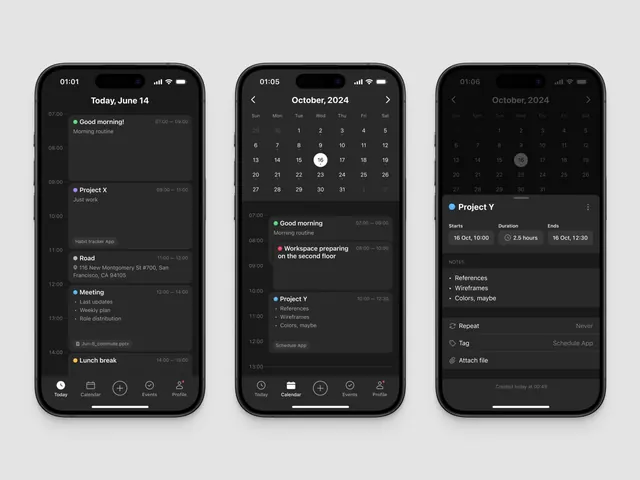 Dark schedule app with three phone views, minimal, dark-mode, dark