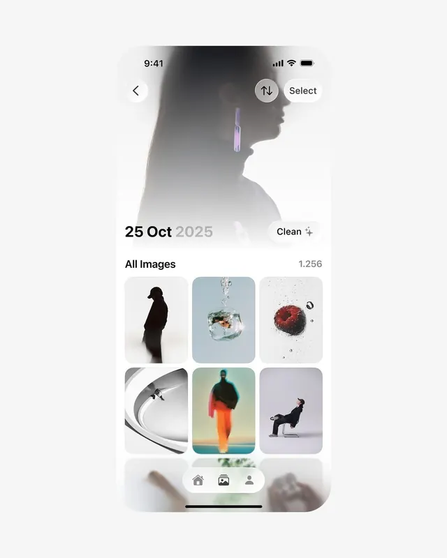 Mobile photo gallery app UI, minimal, light-mode, light