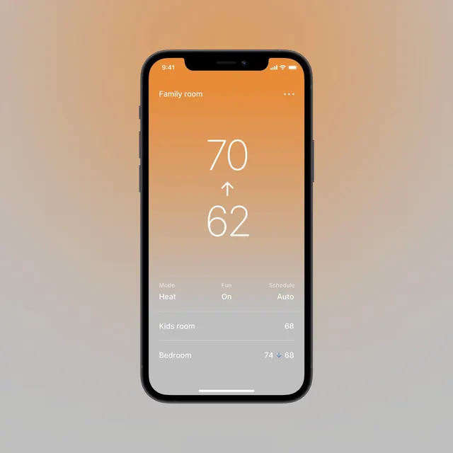 Smart home thermostat mobile UI, minimal, warm