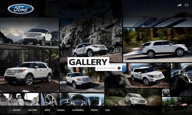 Ford Explorer gallery website interface, minimal, corporate-clean, dark