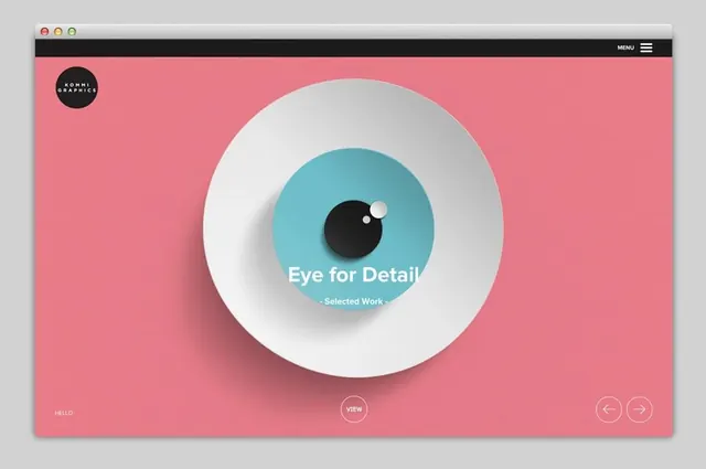 Kommi Graphics eye for detail website mockup, minimal, flat, light
