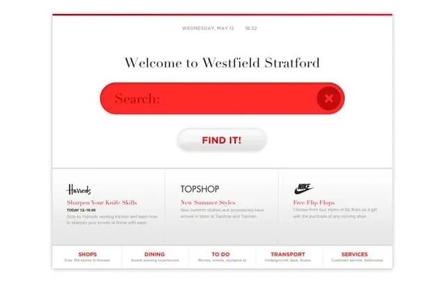 Westfield Stratford welcome and search screen, minimal, light-mode, light